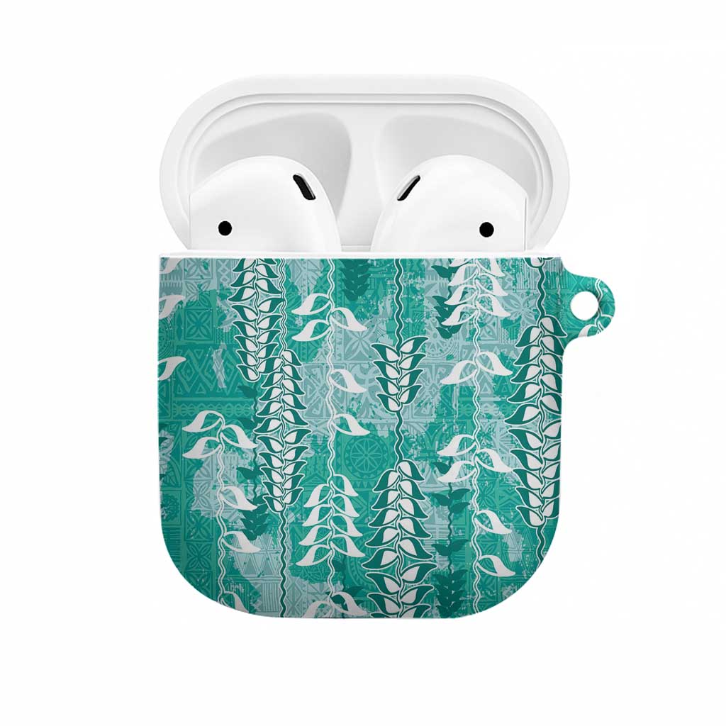 Teal Hawaii Tapa Pattern AirPods Case With Heliconia Vintage Style