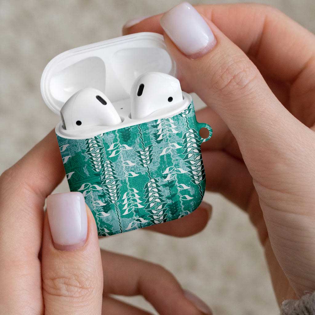 Teal Hawaii Tapa Pattern AirPods Case With Heliconia Vintage Style