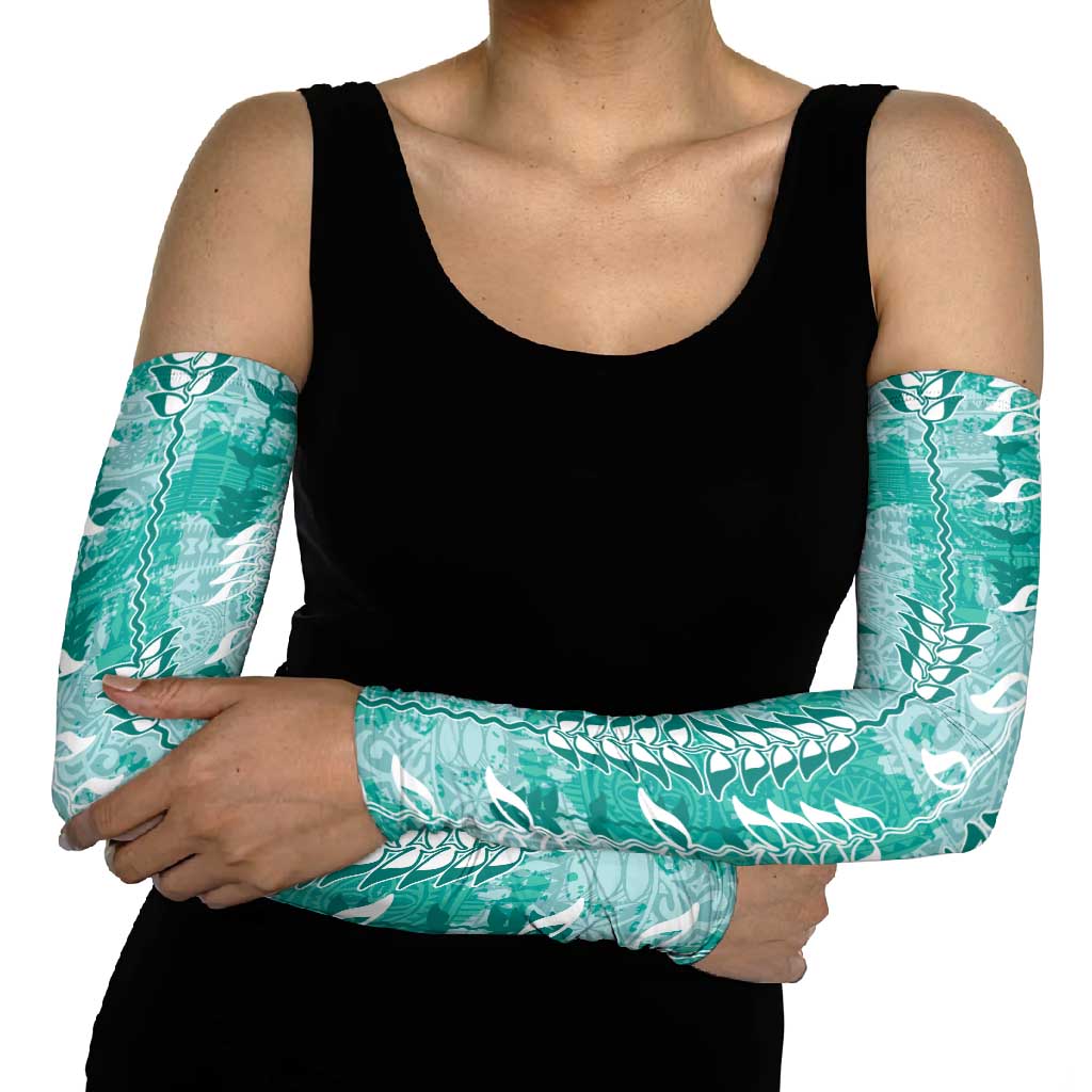 Teal Hawaii Tapa Pattern Arm Sleeves With Heliconia Vintage Style