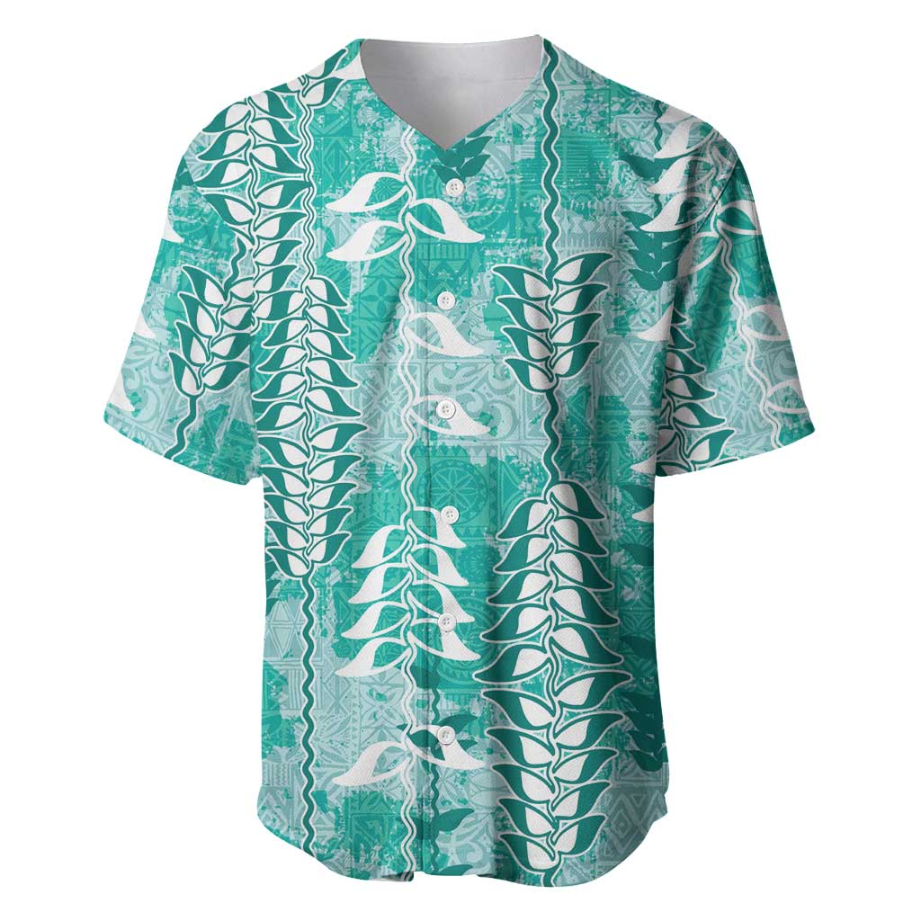 Teal Hawaii Tapa Pattern Baseball Jersey With Heliconia Vintage Style