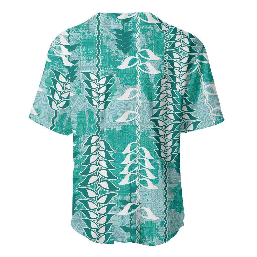 Teal Hawaii Tapa Pattern Baseball Jersey With Heliconia Vintage Style