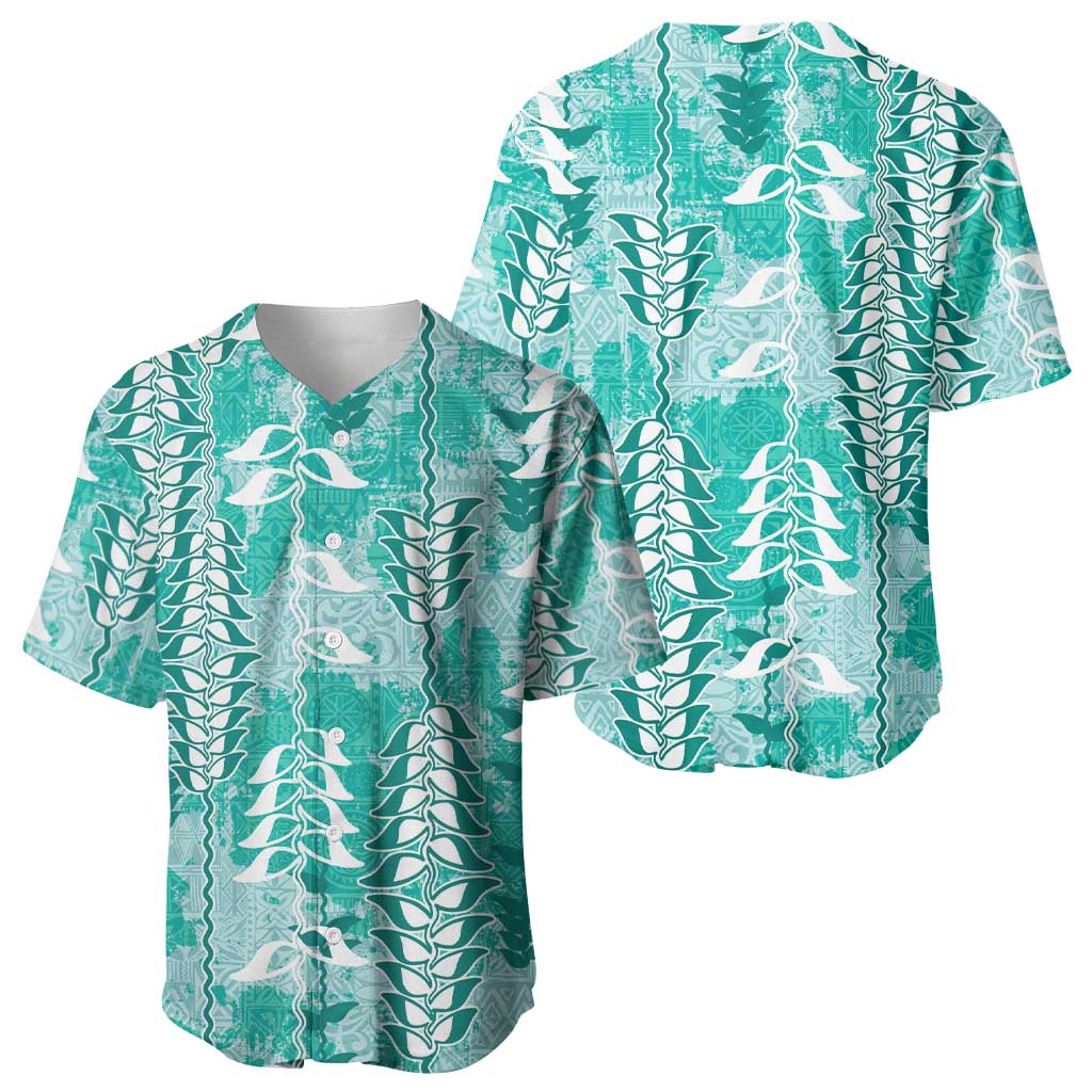 Teal Hawaii Tapa Pattern Baseball Jersey With Heliconia Vintage Style