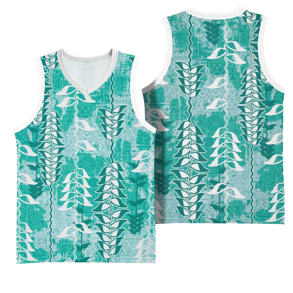 Teal Hawaii Tapa Pattern Basketball Jersey With Heliconia Vintage Style