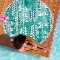 Teal Hawaii Tapa Pattern Beach Blanket With Heliconia Vintage Style