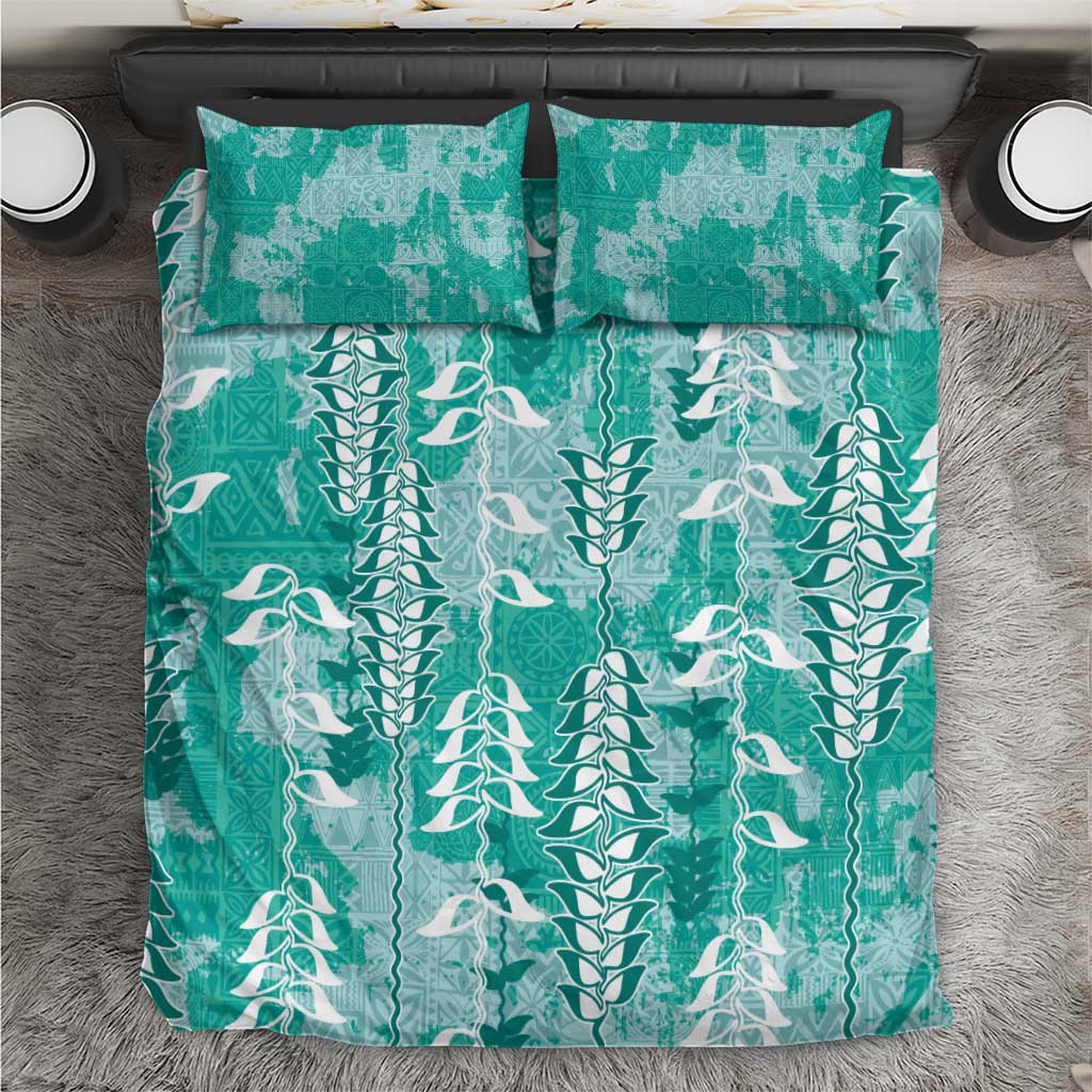 Teal Hawaii Tapa Pattern Bedding Set With Heliconia Vintage Style