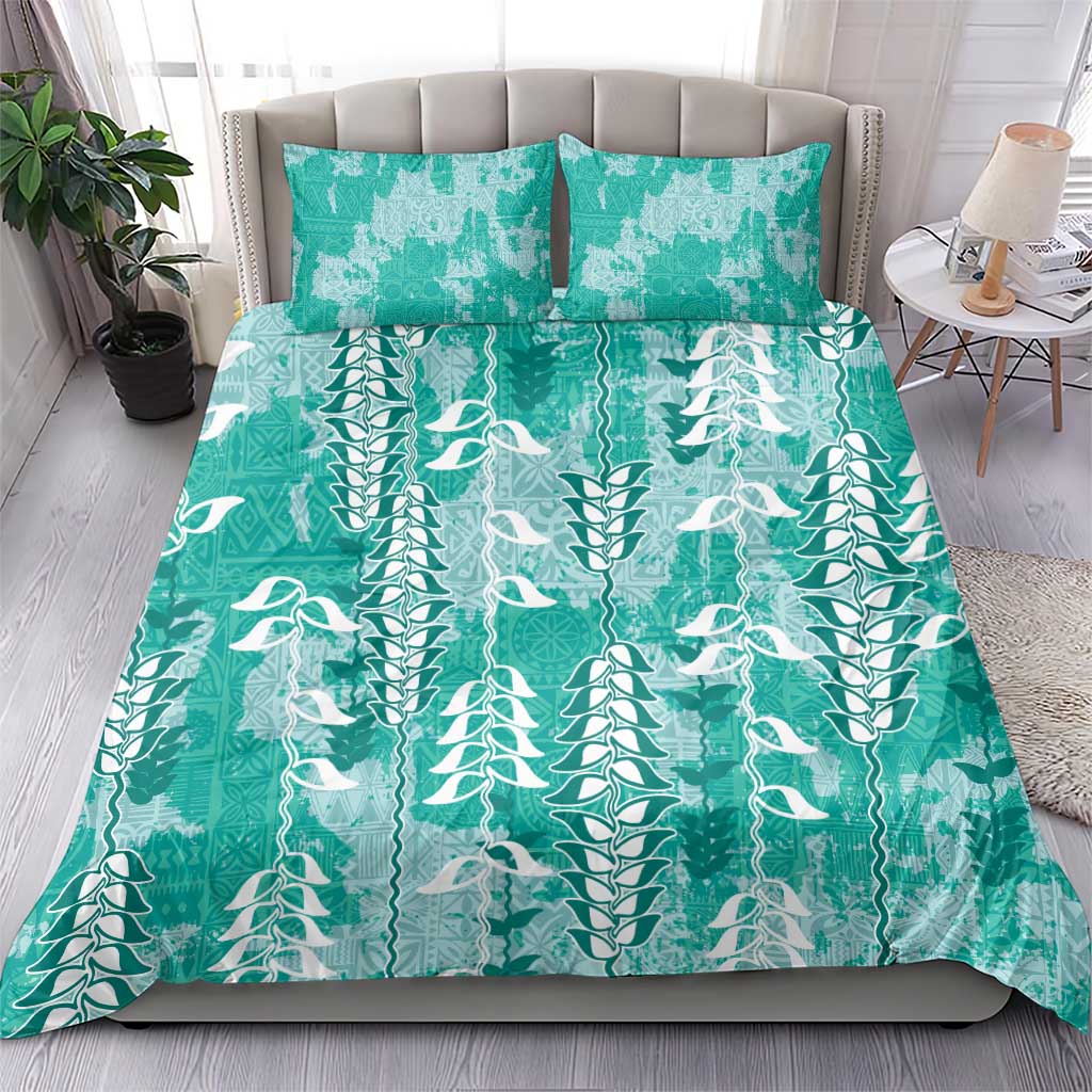 Teal Hawaii Tapa Pattern Bedding Set With Heliconia Vintage Style