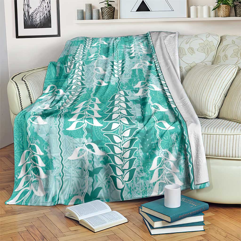 Teal Hawaii Tapa Pattern Blanket With Heliconia Vintage Style