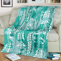 Teal Hawaii Tapa Pattern Blanket With Heliconia Vintage Style