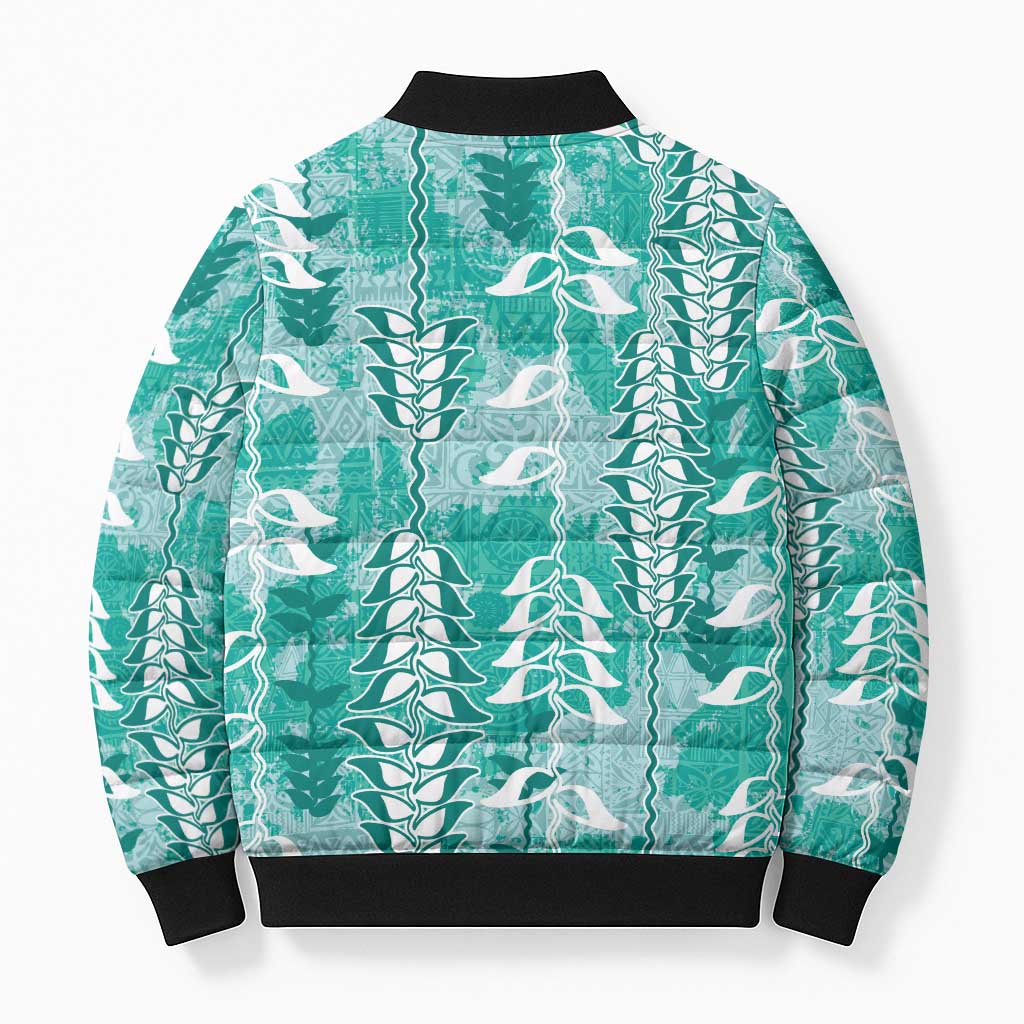 Teal Hawaii Tapa Pattern Bomber Puffer Jacket With Heliconia Vintage Style