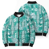 Teal Hawaii Tapa Pattern Bomber Puffer Jacket With Heliconia Vintage Style