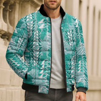 Teal Hawaii Tapa Pattern Bomber Puffer Jacket With Heliconia Vintage Style