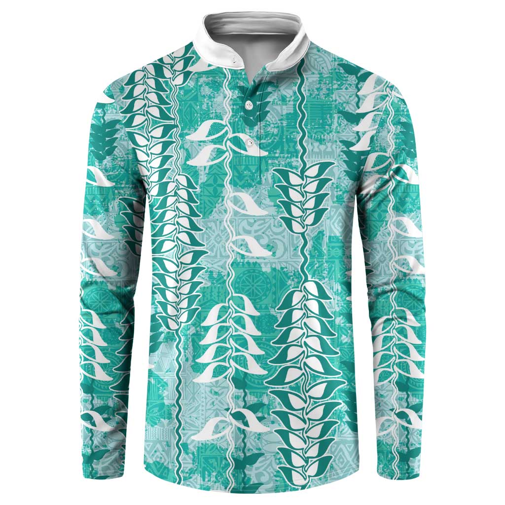 Teal Hawaii Tapa Pattern Button Sweatshirt With Heliconia Vintage Style