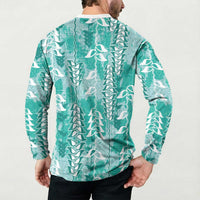 Teal Hawaii Tapa Pattern Button Sweatshirt With Heliconia Vintage Style