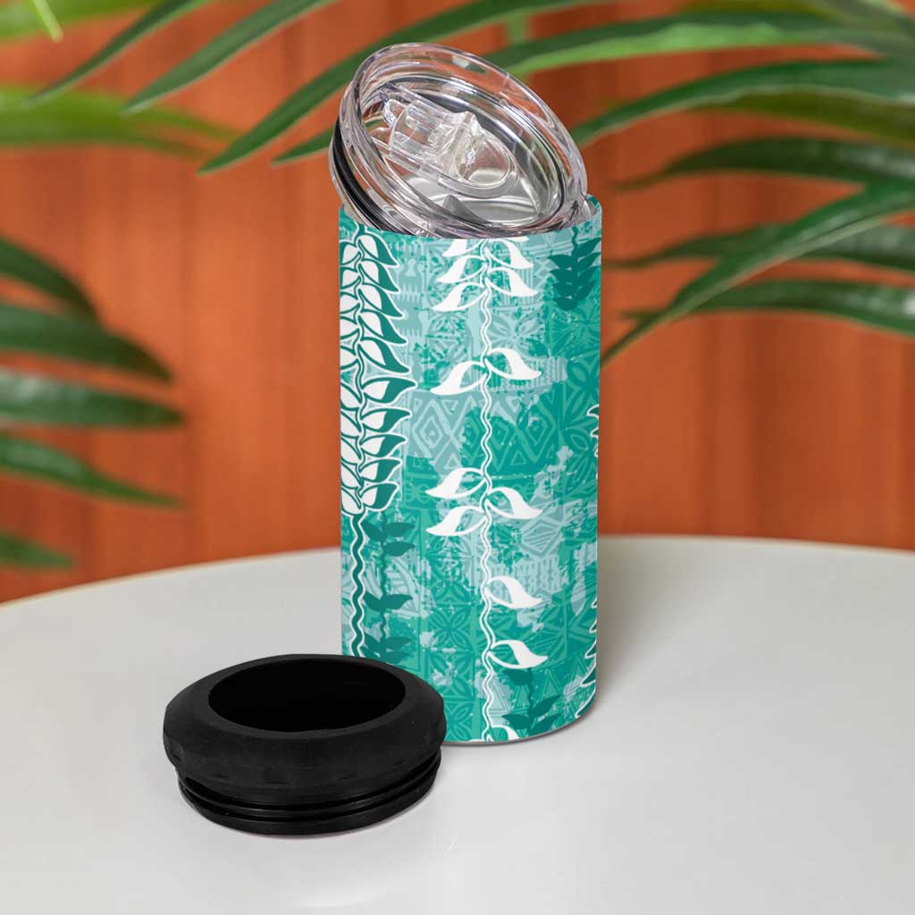 Teal Hawaii Tapa Pattern 4 in 1 Can Cooler Tumbler With Heliconia Vintage Style
