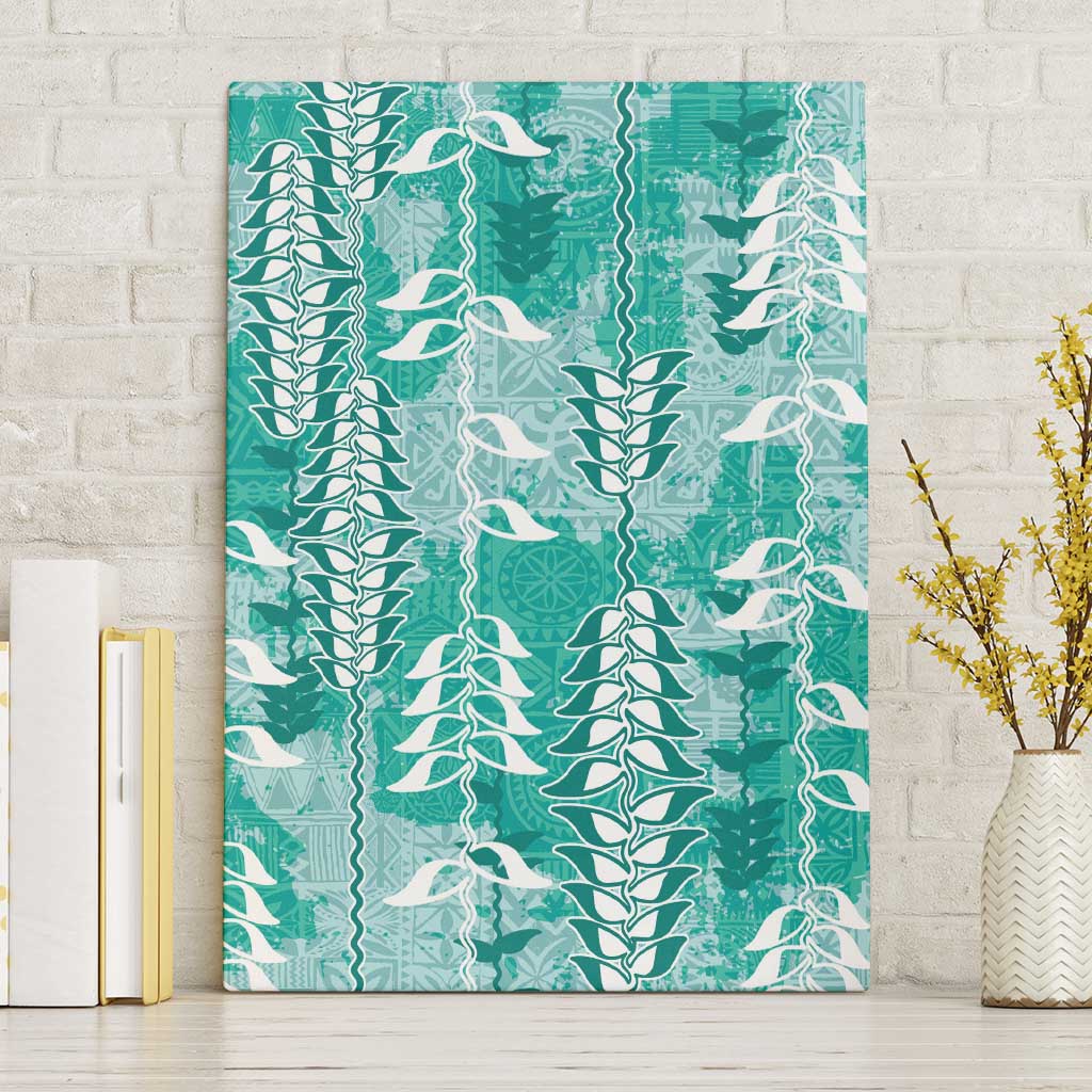 Teal Hawaii Tapa Pattern Canvas Wall Art With Heliconia Vintage Style