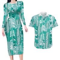Teal Hawaii Tapa Pattern Couples Matching Long Sleeve Bodycon Dress and Hawaiian Shirt With Heliconia Vintage Style LT05 Teal - Polynesian Pride