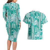 Teal Hawaii Tapa Pattern Couples Matching Long Sleeve Bodycon Dress and Hawaiian Shirt With Heliconia Vintage Style LT05 - Polynesian Pride