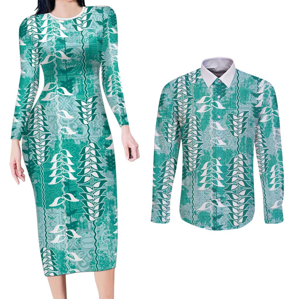 Teal Hawaii Tapa Pattern Couples Matching Long Sleeve Bodycon Dress and Long Sleeve Button Shirt With Heliconia Vintage Style LT05 Teal - Polynesian Pride