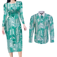Teal Hawaii Tapa Pattern Couples Matching Long Sleeve Bodycon Dress and Long Sleeve Button Shirt With Heliconia Vintage Style LT05 Teal - Polynesian Pride