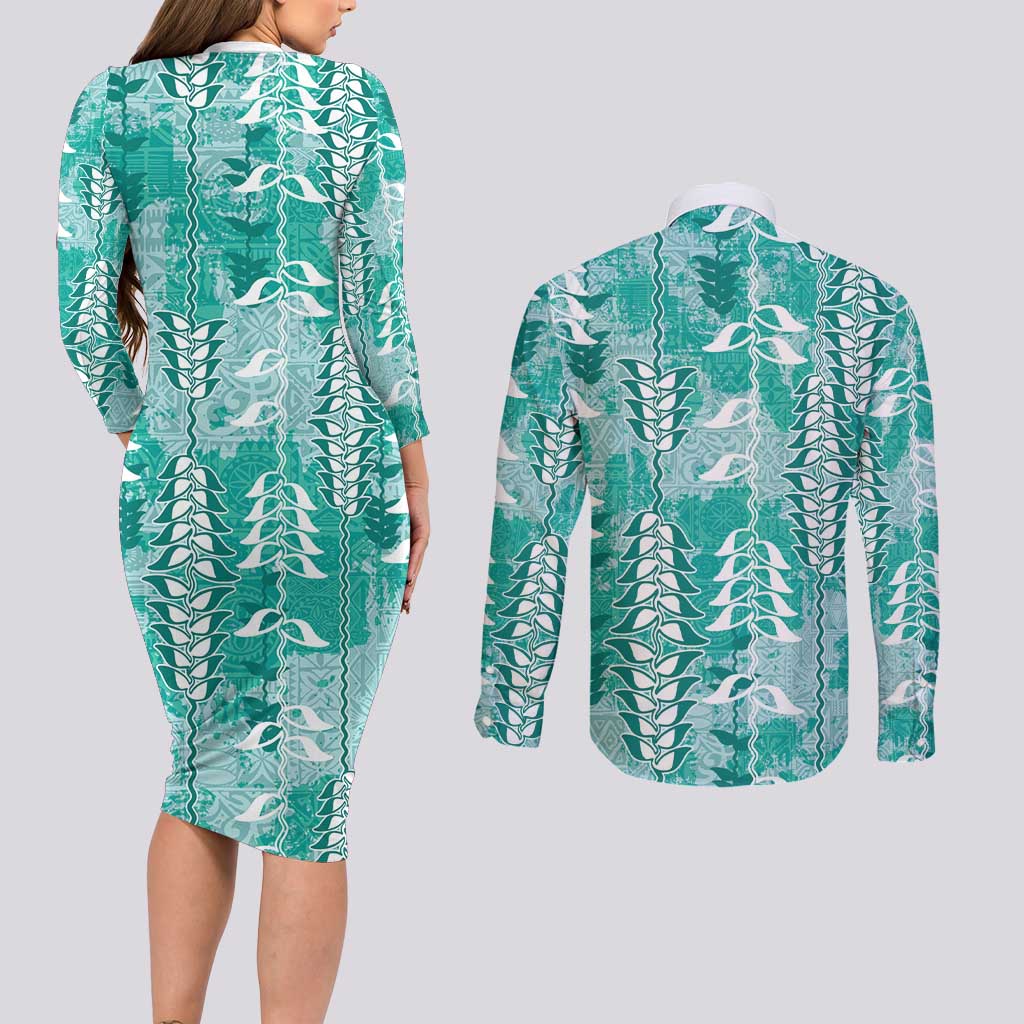 Teal Hawaii Tapa Pattern Couples Matching Long Sleeve Bodycon Dress and Long Sleeve Button Shirt With Heliconia Vintage Style LT05 - Polynesian Pride