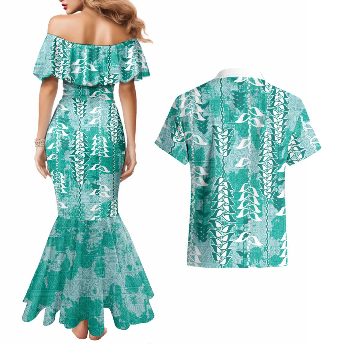 Teal Hawaii Tapa Pattern Couples Matching Mermaid Dress and Hawaiian Shirt With Heliconia Vintage Style LT05 - Polynesian Pride