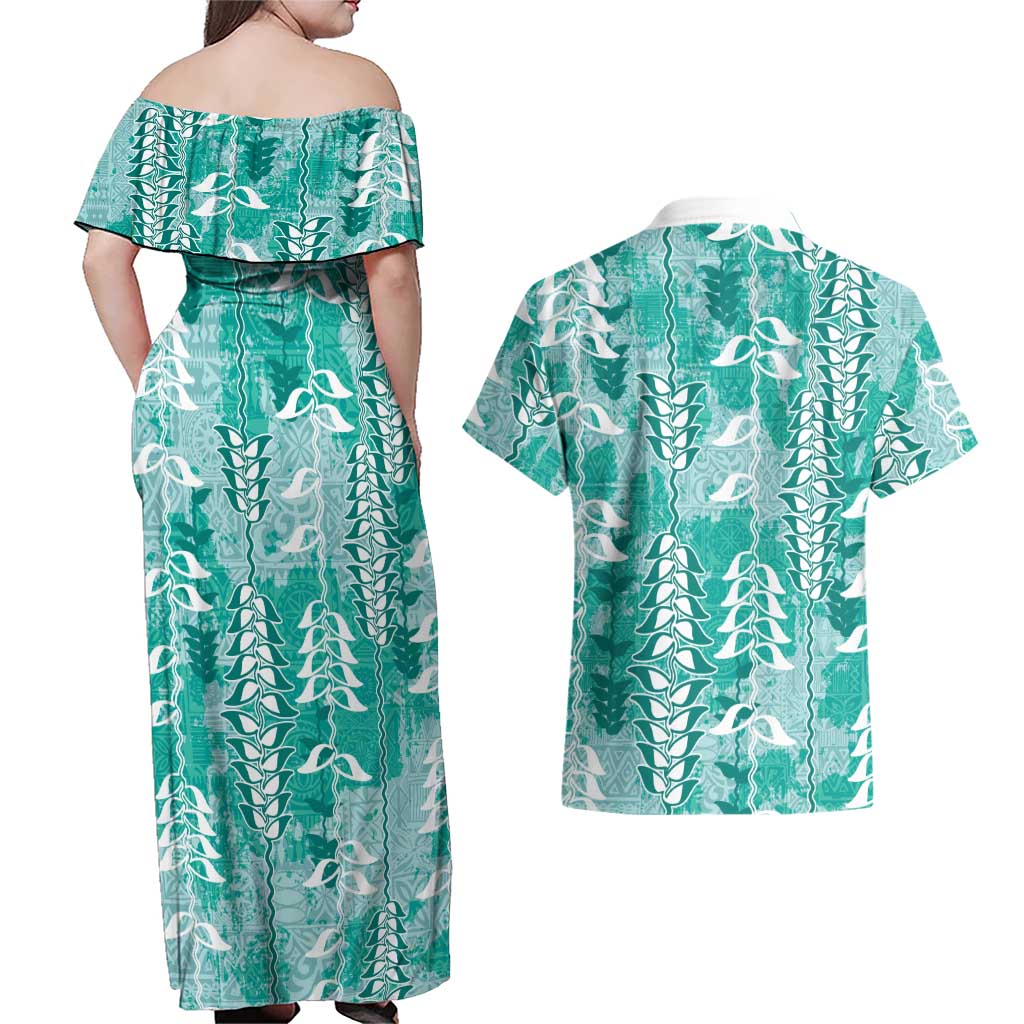 Teal Hawaii Tapa Pattern Couples Matching Off Shoulder Maxi Dress and Hawaiian Shirt With Heliconia Vintage Style