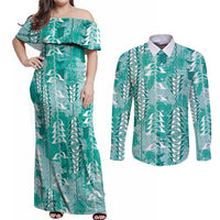 Teal Hawaii Tapa Pattern Couples Matching Off Shoulder Maxi Dress and Long Sleeve Button Shirt With Heliconia Vintage Style