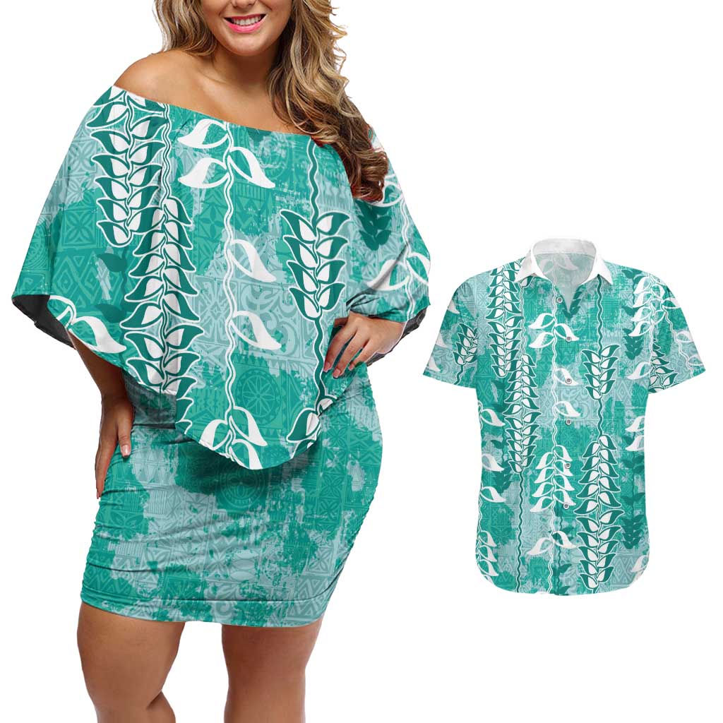 Teal Hawaii Tapa Pattern Couples Matching Off Shoulder Short Dress and Hawaiian Shirt With Heliconia Vintage Style