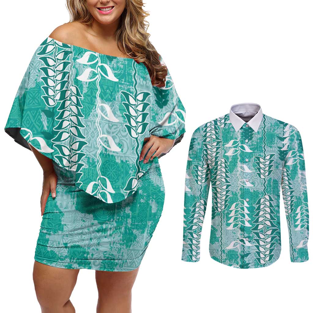 Teal Hawaii Tapa Pattern Couples Matching Off Shoulder Short Dress and Long Sleeve Button Shirt With Heliconia Vintage Style