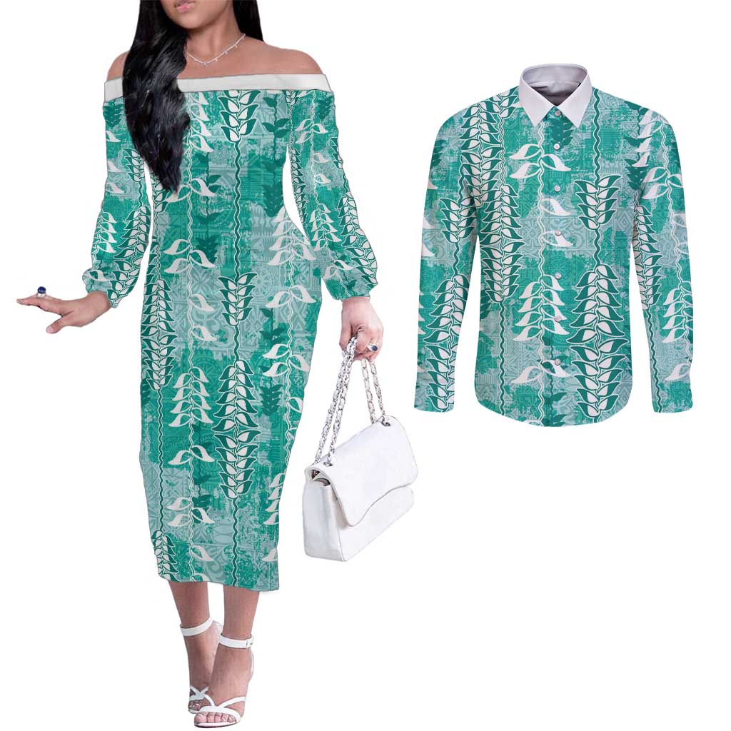 Teal Hawaii Tapa Pattern Couples Matching Off The Shoulder Long Sleeve Dress and Long Sleeve Button Shirt With Heliconia Vintage Style LT05 Teal - Polynesian Pride