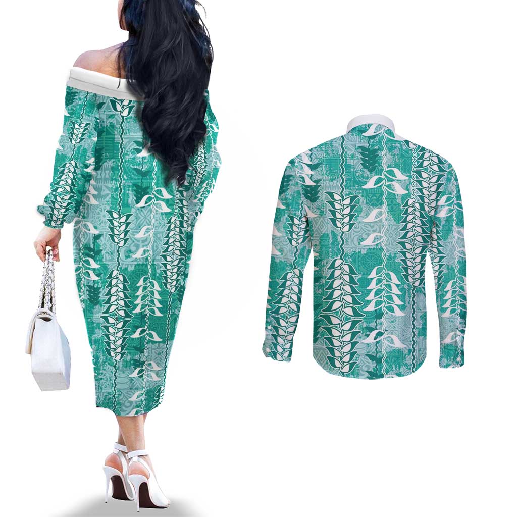 Teal Hawaii Tapa Pattern Couples Matching Off The Shoulder Long Sleeve Dress and Long Sleeve Button Shirt With Heliconia Vintage Style LT05 - Polynesian Pride