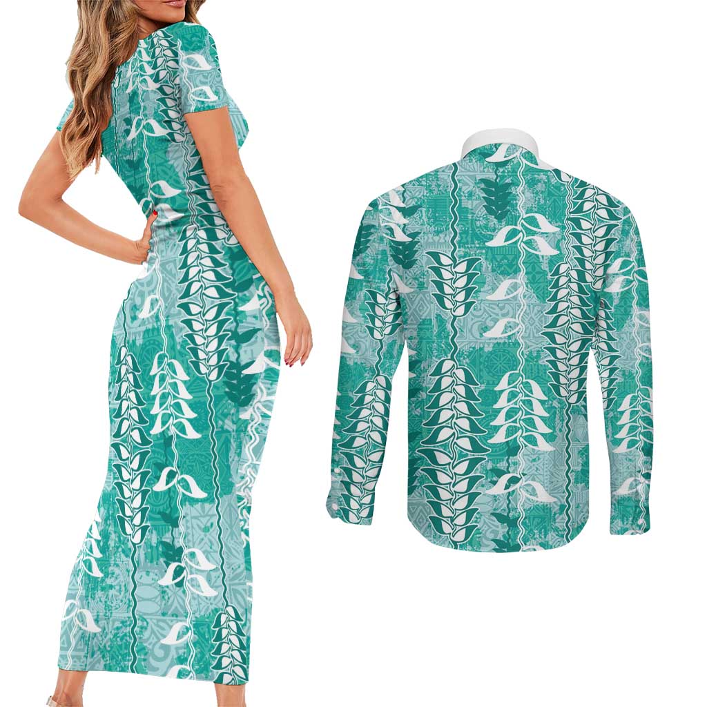 Teal Hawaii Tapa Pattern Couples Matching Short Sleeve Bodycon Dress and Long Sleeve Button Shirt With Heliconia Vintage Style LT05 - Polynesian Pride