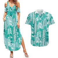 Teal Hawaii Tapa Pattern Couples Matching Summer Maxi Dress and Hawaiian Shirt With Heliconia Vintage Style