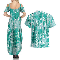 Teal Hawaii Tapa Pattern Couples Matching Summer Maxi Dress and Hawaiian Shirt With Heliconia Vintage Style