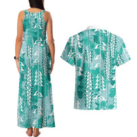 Teal Hawaii Tapa Pattern Couples Matching Tank Maxi Dress and Hawaiian Shirt With Heliconia Vintage Style