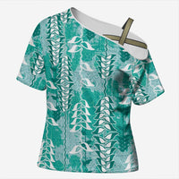 Teal Hawaii Tapa Pattern Cross Shoulder Shirt With Heliconia Vintage Style