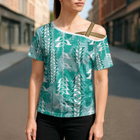Teal Hawaii Tapa Pattern Cross Shoulder Shirt With Heliconia Vintage Style