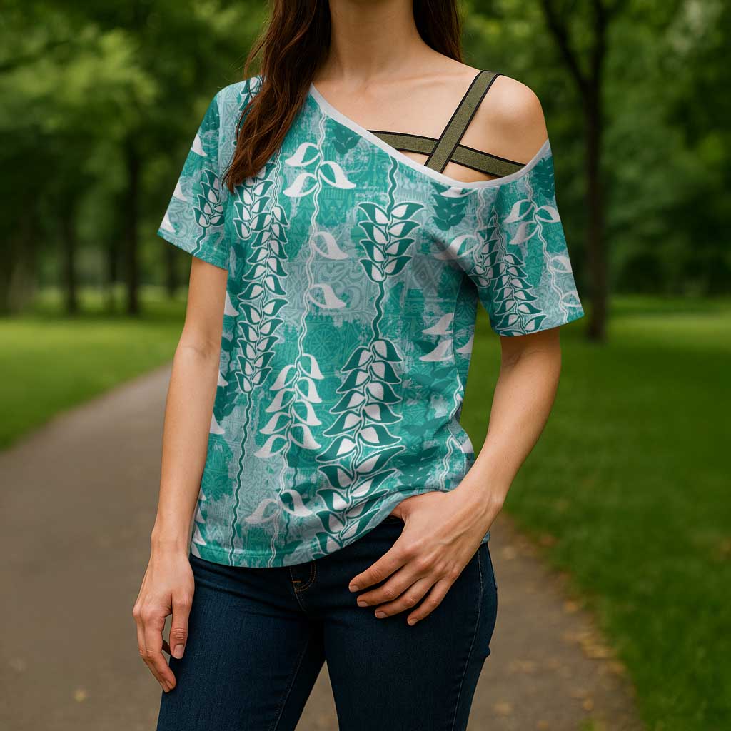 Teal Hawaii Tapa Pattern Cross Shoulder Shirt With Heliconia Vintage Style