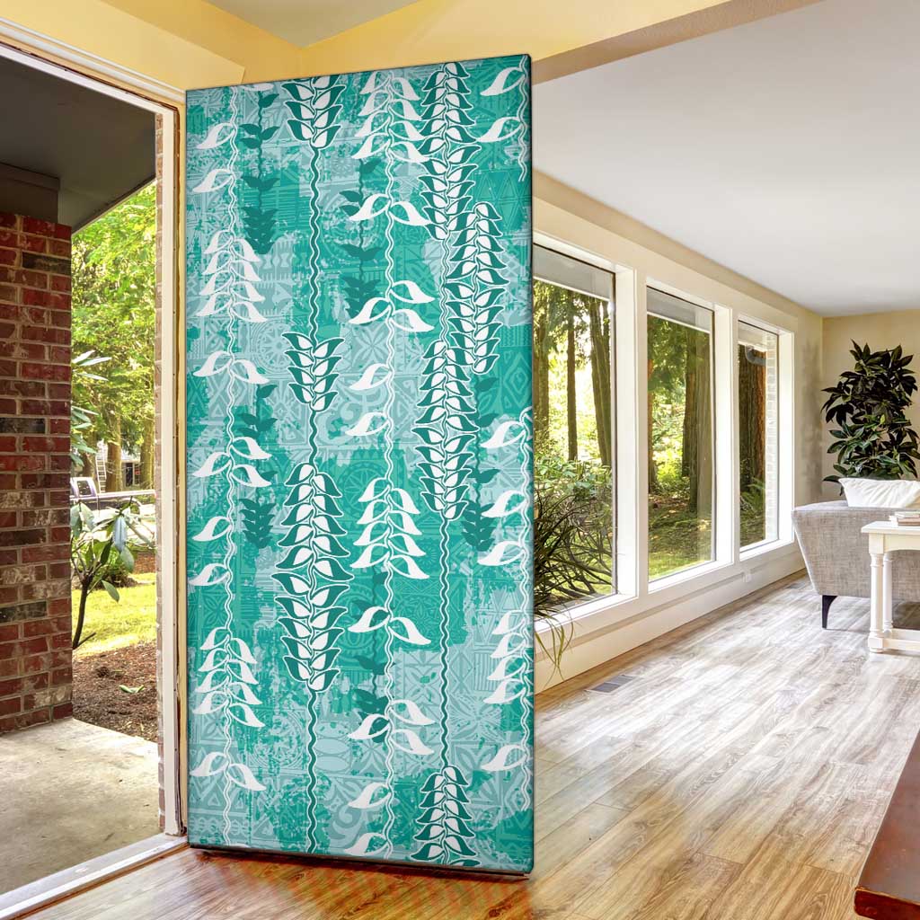 Teal Hawaii Tapa Pattern Door Cover With Heliconia Vintage Style