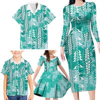 Teal Hawaii Tapa Pattern Family Matching Long Sleeve Bodycon Dress and Hawaiian Shirt With Heliconia Vintage Style LT05 - Polynesian Pride