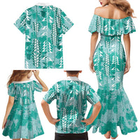 Teal Hawaii Tapa Pattern Family Matching Mermaid Dress and Hawaiian Shirt With Heliconia Vintage Style LT05 - Polynesian Pride