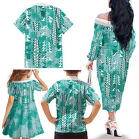Teal Hawaii Tapa Pattern Family Matching Off The Shoulder Long Sleeve Dress and Hawaiian Shirt With Heliconia Vintage Style LT05 - Polynesian Pride