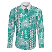 Teal Hawaii Tapa Pattern Family Matching Off The Shoulder Long Sleeve Dress and Hawaiian Shirt With Heliconia Vintage Style LT05 Dad's Shirt - Long Sleeve Teal - Polynesian Pride