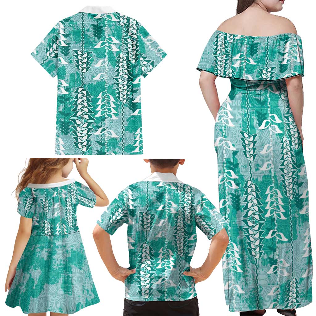 Teal Hawaii Tapa Pattern Family Matching Off Shoulder Maxi Dress and Hawaiian Shirt With Heliconia Vintage Style LT05 - Polynesian Pride