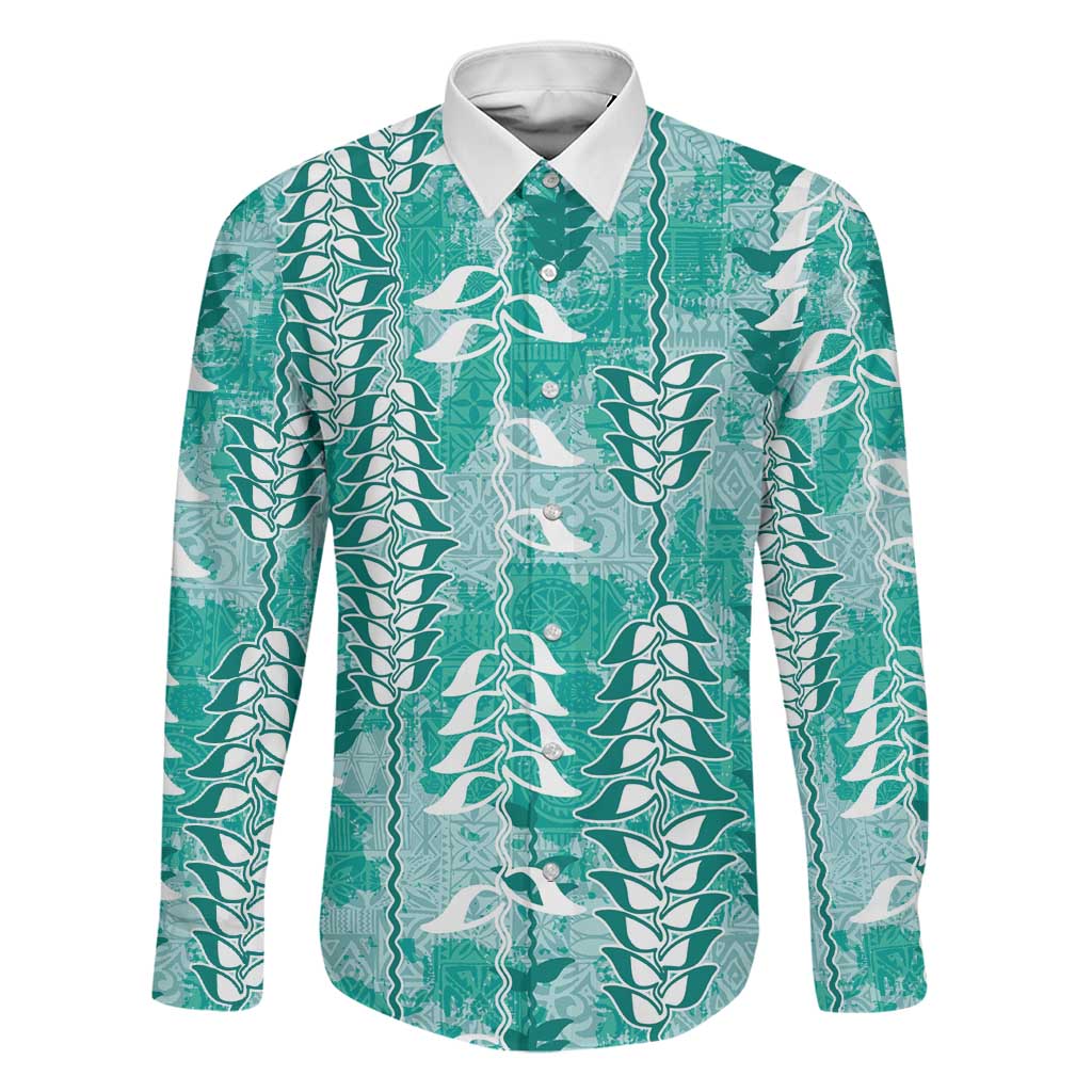 Teal Hawaii Tapa Pattern Family Matching Off Shoulder Maxi Dress and Hawaiian Shirt With Heliconia Vintage Style LT05 Dad's Shirt - Long Sleeve Teal - Polynesian Pride