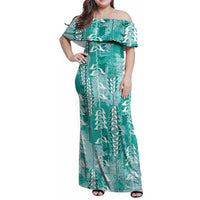 Teal Hawaii Tapa Pattern Family Matching Off Shoulder Maxi Dress and Hawaiian Shirt With Heliconia Vintage Style LT05 Mom's Dress Teal - Polynesian Pride