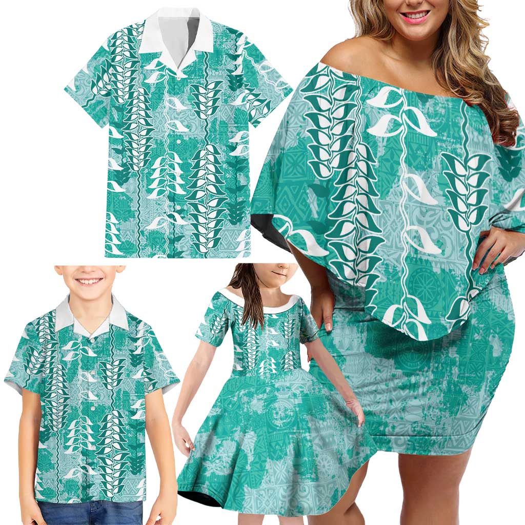 Teal Hawaii Tapa Pattern Family Matching Off Shoulder Short Dress and Hawaiian Shirt With Heliconia Vintage Style LT05 - Polynesian Pride