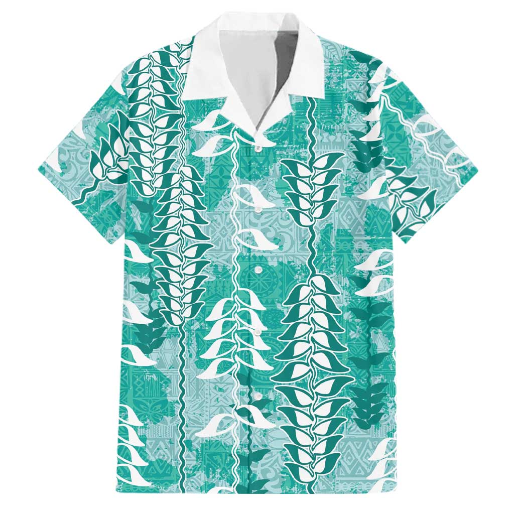 Teal Hawaii Tapa Pattern Family Matching Off Shoulder Short Dress and Hawaiian Shirt With Heliconia Vintage Style LT05 Dad's Shirt - Short Sleeve Teal - Polynesian Pride