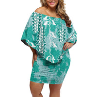 Teal Hawaii Tapa Pattern Family Matching Off Shoulder Short Dress and Hawaiian Shirt With Heliconia Vintage Style LT05 Mom's Dress Teal - Polynesian Pride