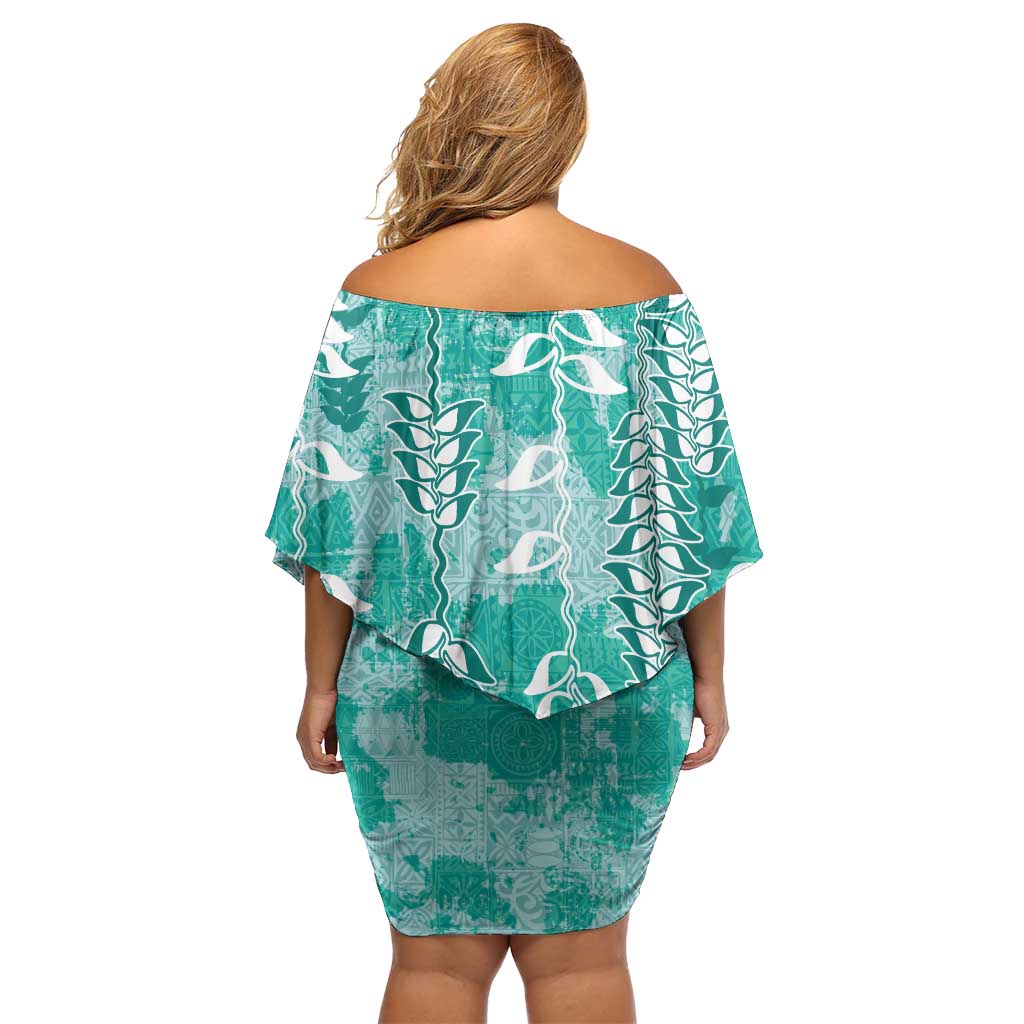 Teal Hawaii Tapa Pattern Family Matching Off Shoulder Short Dress and Hawaiian Shirt With Heliconia Vintage Style LT05 - Polynesian Pride